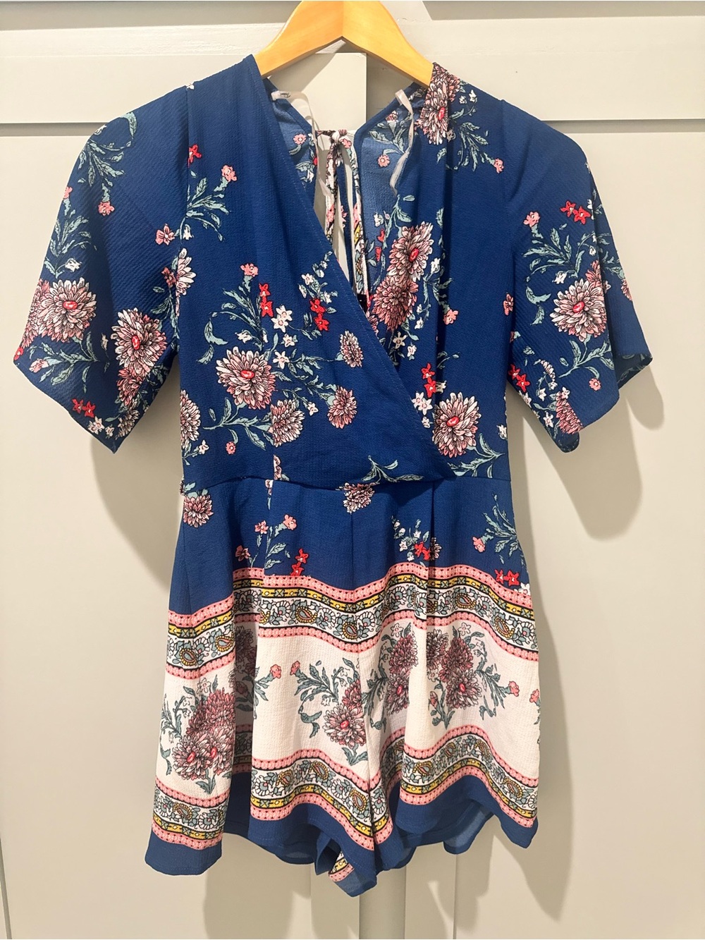 Trixxi Navy Floral Wrap-Style Dress with Cream Border